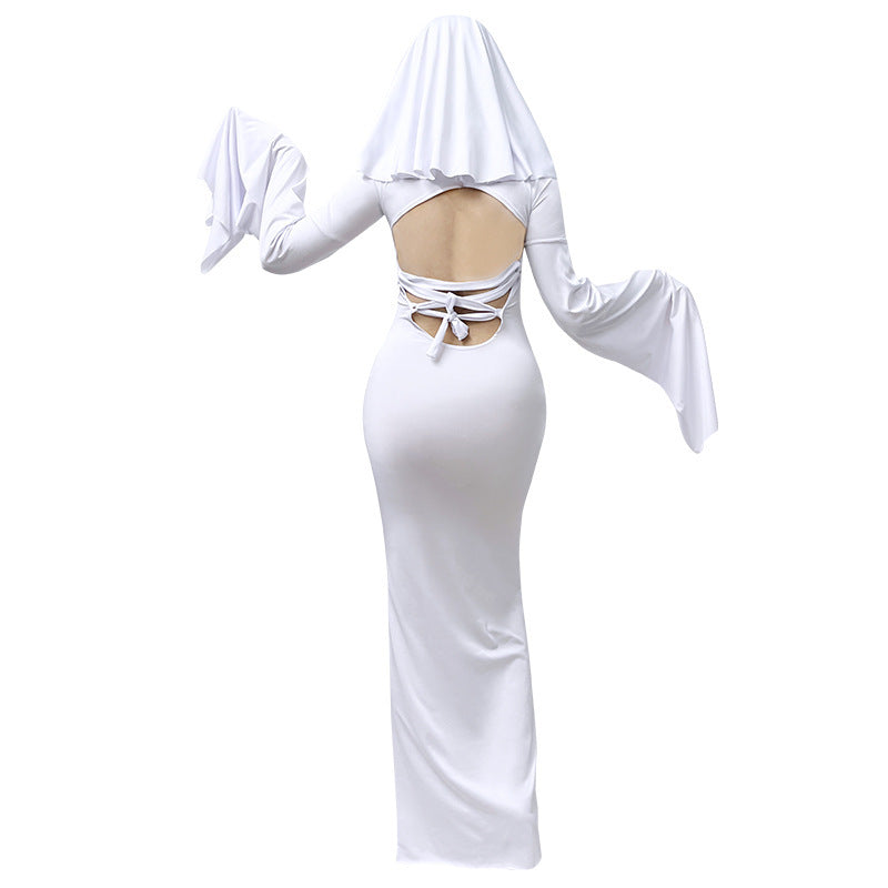 Halloween New Ghost Mother Cos Dress Lady Apricot Same Style Sexy Backless dress Stage Performance Dress for Women