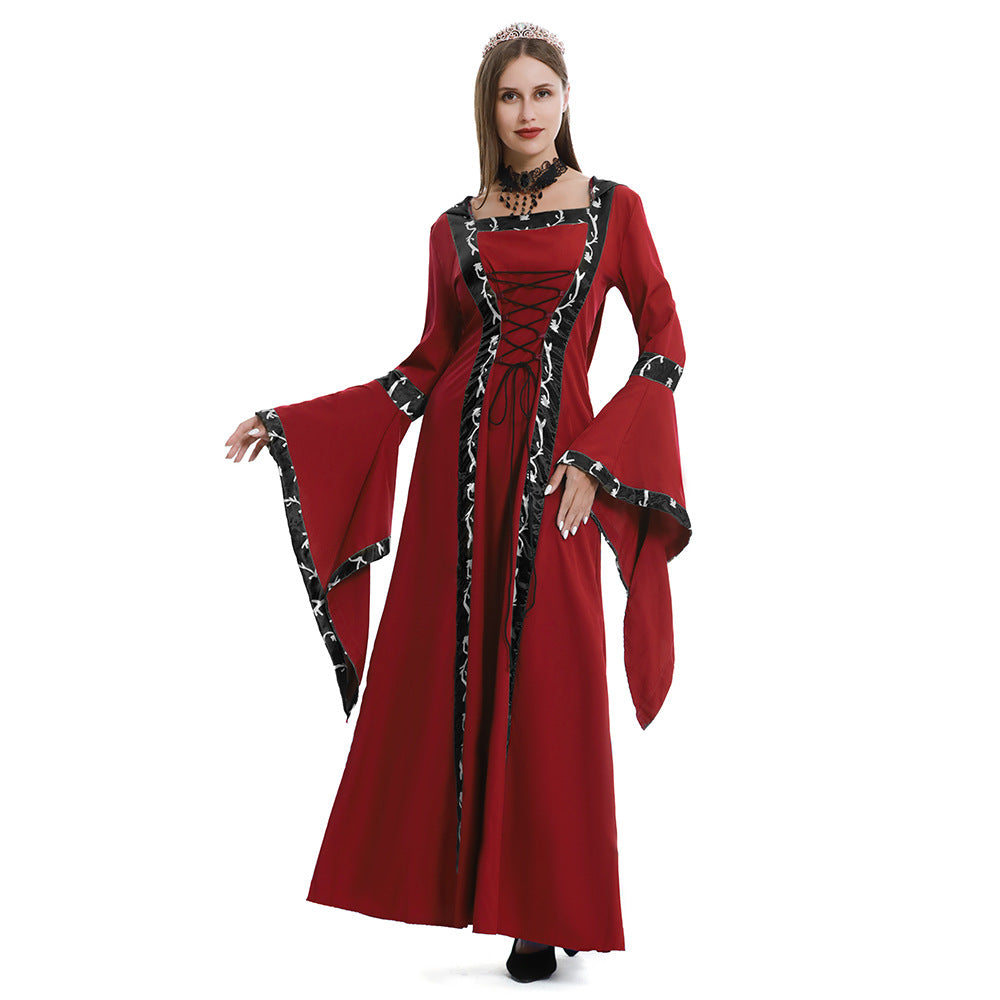 European and American Halloween Retro Medieval Hooded Dress Square Collar Lace-up Trumpet Sleeve Large Dress Stage Performance Dress