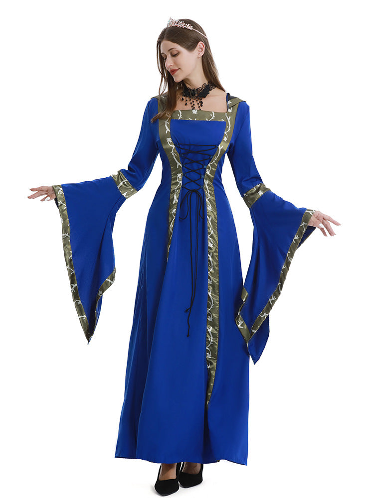 European and American Halloween Retro Medieval Hooded Dress Square Collar Lace-up Trumpet Sleeve Large Dress Stage Performance Dress