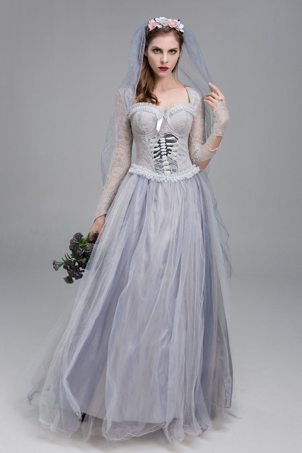 Foreign Trade Halloween Horror Gray Skeleton Ghost Bride Dress Ghost Zombie Costume for Masquerade Performance