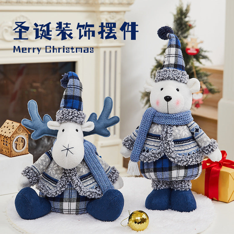 Cross-border New Christmas Decorations Blue Doll Window Arrangement Elk Doll Christmas Cloth Bear Ornaments