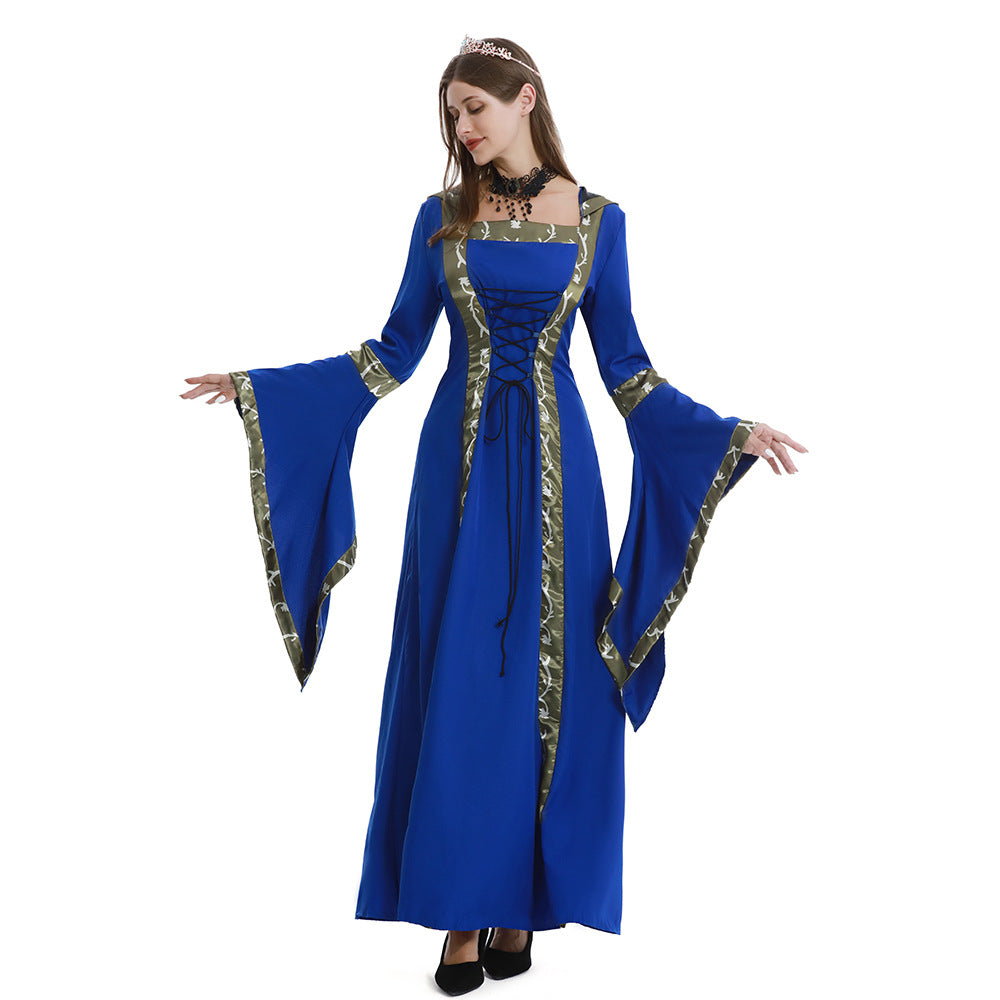 European and American Halloween Retro Medieval Hooded Dress Square Collar Lace-up Trumpet Sleeve Large Dress Stage Performance Dress