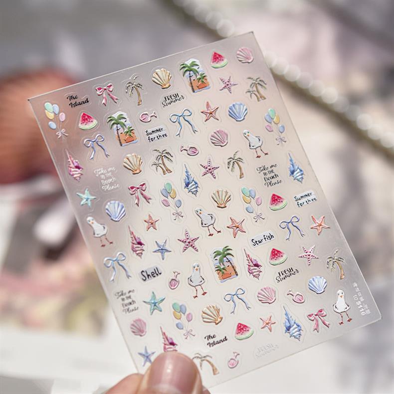 Kitten's Summer Nail Art Stickers Embossed New 3D Ins Fresh Ocean Cute Pet Nail Stickers Decoration