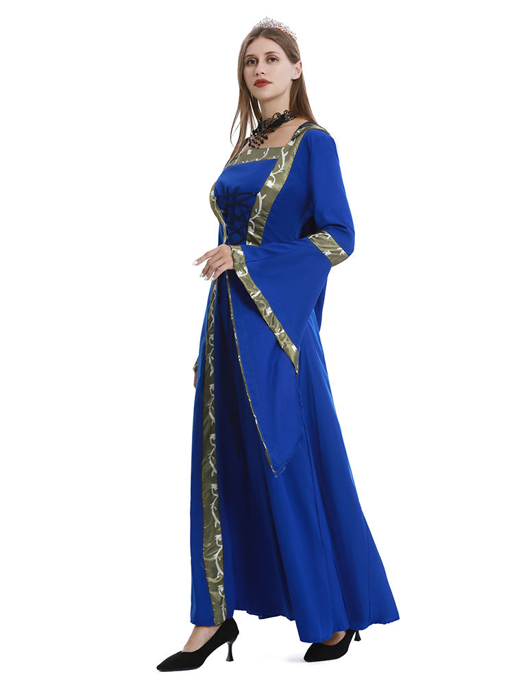 European and American Halloween Retro Medieval Hooded Dress Square Collar Lace-up Trumpet Sleeve Large Dress Stage Performance Dress