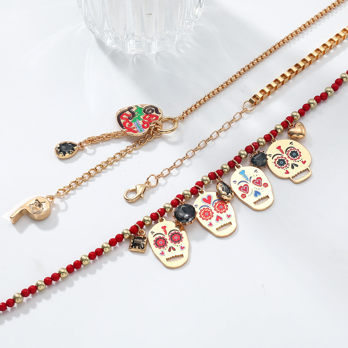 Za European and American Retro Halloween Metal Skull Heart Whistle Two-Piece Necklace Hand-Woven Cross-Border Supply
