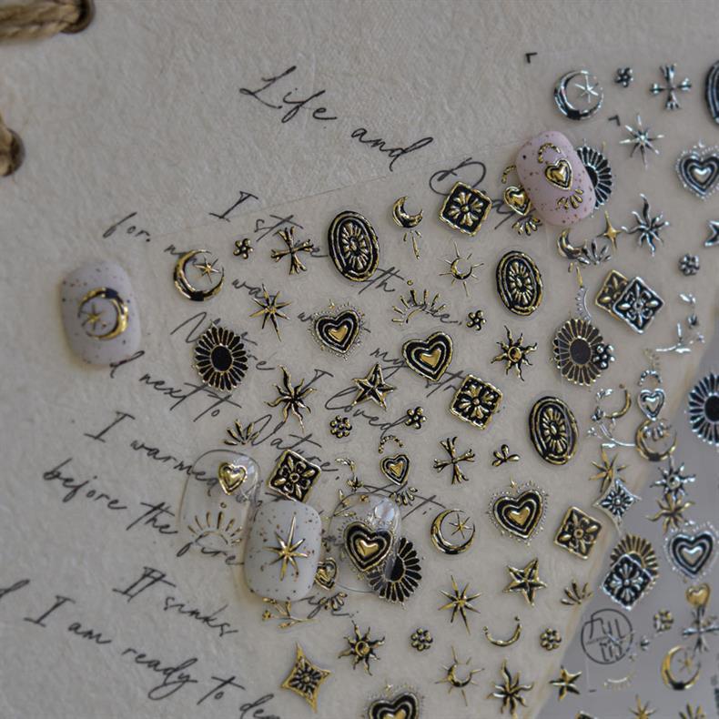 Metal Star and Moon Nail Art Stickers Embossed New 3D Stereo Popular Ins Gold and Silver Punk Nail Sticker Decorations