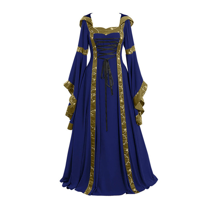 Large Size Halloween European and American Popular Women's Medieval Vintage Hooded Dress Square Collar Trumpet Sleeve Large Dress