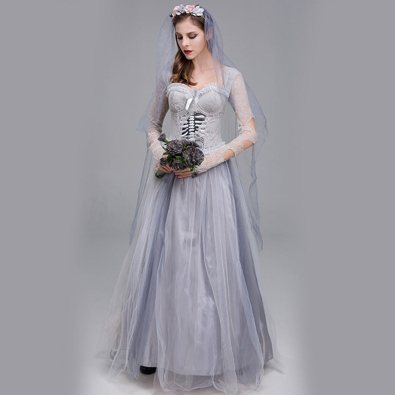 Foreign Trade Halloween Horror Gray Skeleton Ghost Bride Dress Ghost Zombie Costume for Masquerade Performance