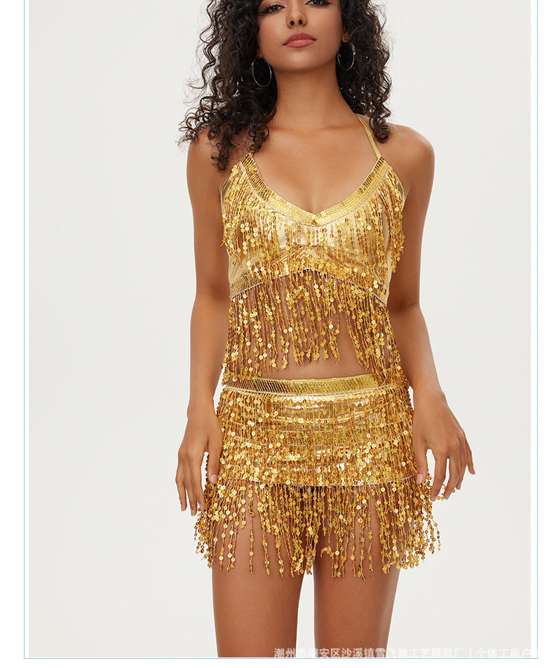 Halloween European and American sequins watch performance top belly dance tassel top DS nightclub stage sling party bra