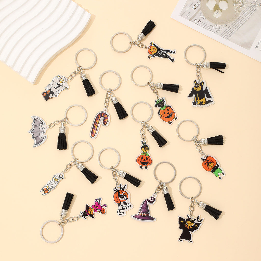 New Halloween Funny Acrylic Keychain Bat Pumpkin Head Witch Tassel Pendant Bag Accessories Pendant
