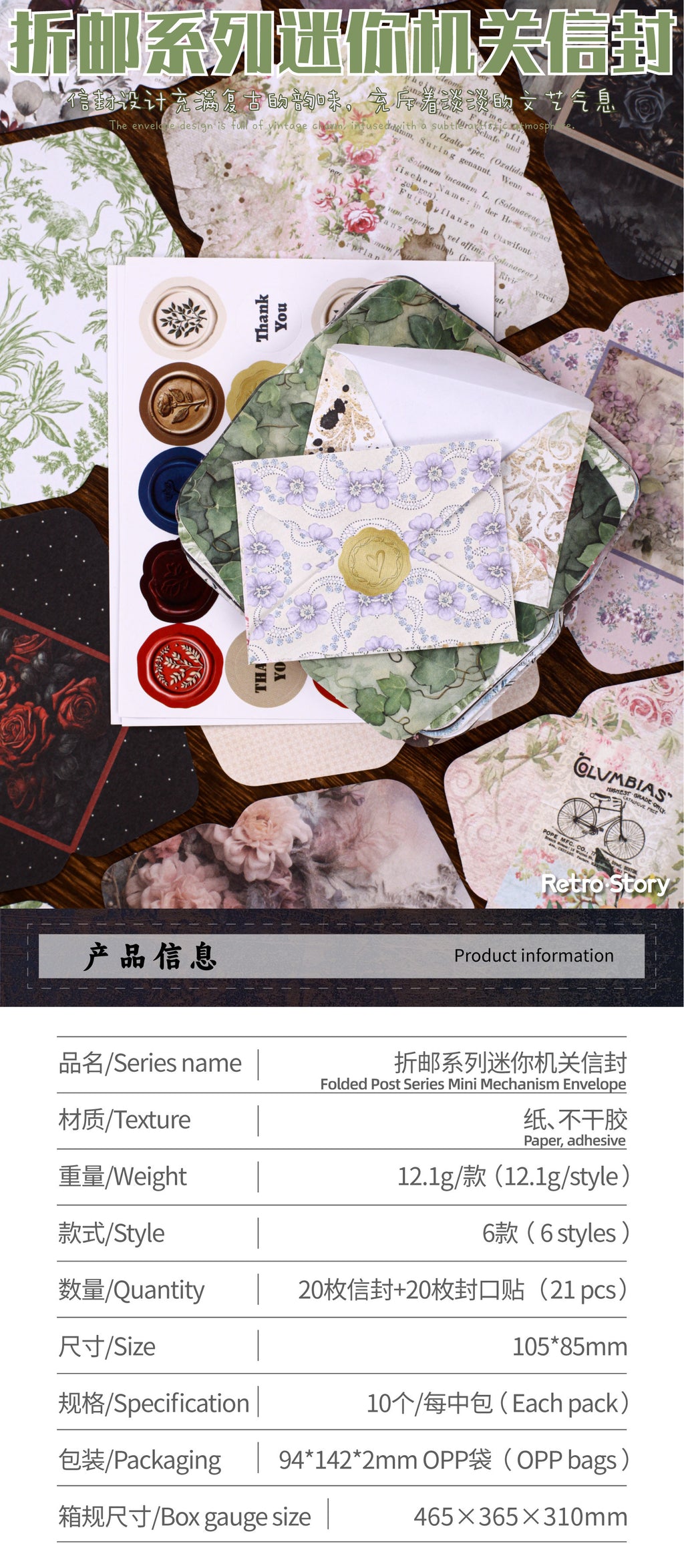 Retrostory Discount Series Mini Sealing Stickers with 20 Creative Decorative Small Envelopes and Handbook Material Collage