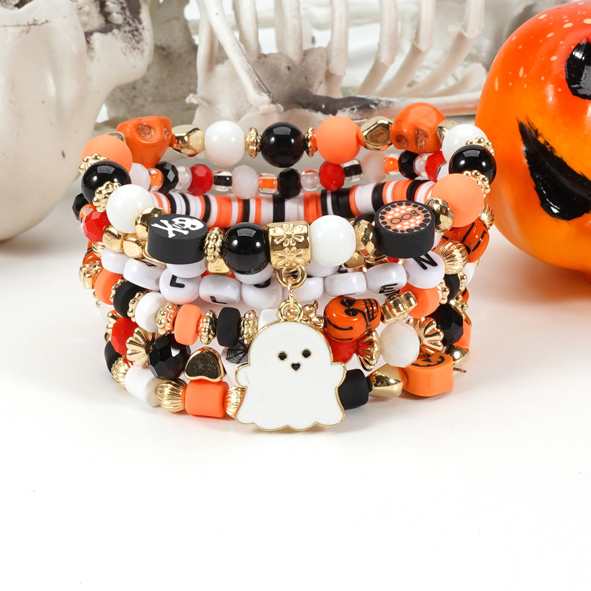 Halloween Bracelet Boo Halloween European and American Cross-Border Beaded Elastic Halloween Bracelet 6 Pieces/Set