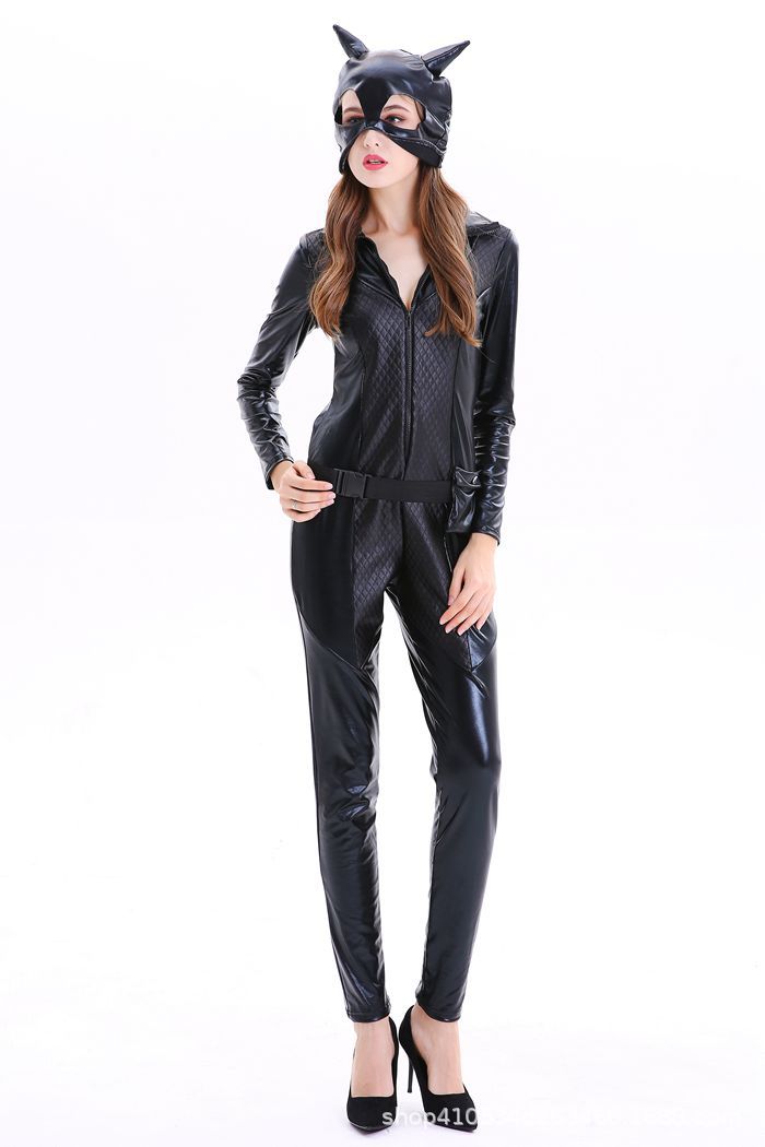 One-Piece Catwoman Halloween Party Patent Leather Catwoman Nightclub Cosplay Costume Black Tight Game Suit