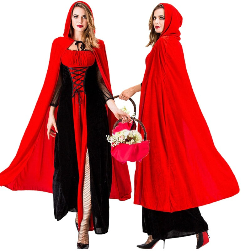 Adult Female Halloween Cosplay Little Red Riding Hood Costume Fairy Tale Role-Playing Dress Grandma Wolf Cape