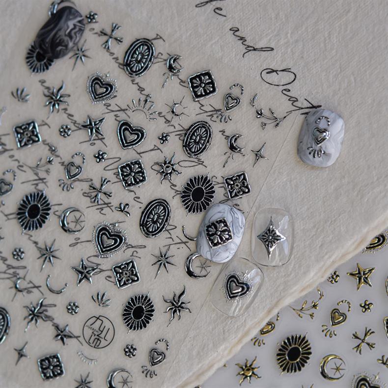 Metal Star and Moon Nail Art Stickers Embossed New 3D Stereo Popular Ins Gold and Silver Punk Nail Sticker Decorations