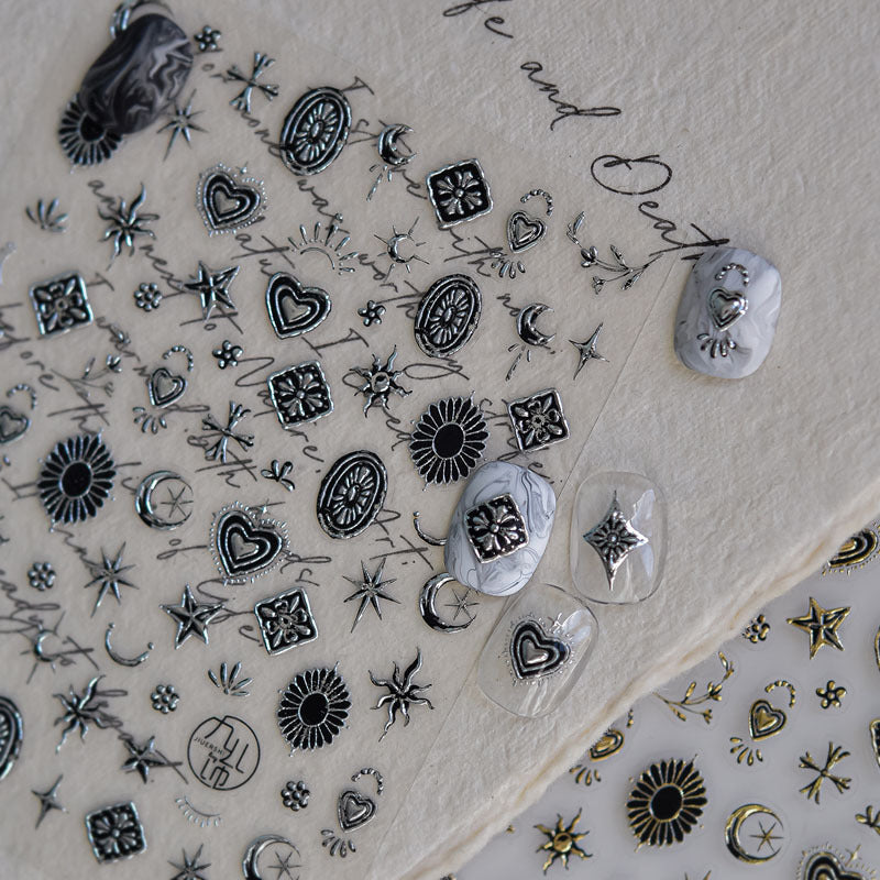 Metal Star and Moon Nail Art Stickers Embossed New 3D Stereo Popular Ins Gold and Silver Punk Nail Sticker Decorations
