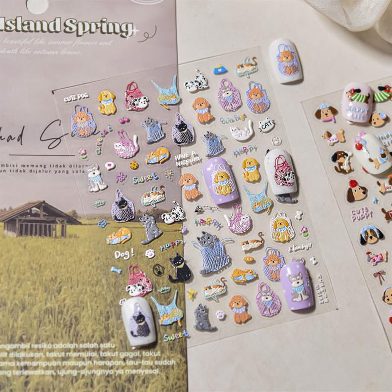 Happy Cute Pet Cat and Puppy Nail Art Stickers Embossed New 3D Stereo 5D Cute Nail Sticker Decorations