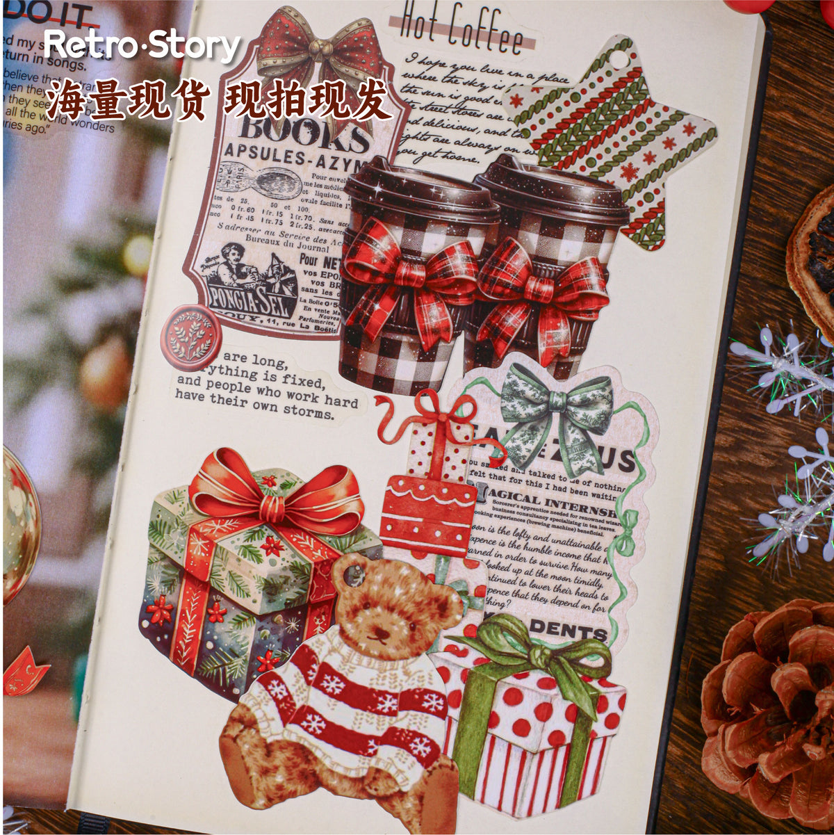 Retrostory Winter Story Collection Series Christmas Decoration Sticker Pack Creative Holiday Bow Bottoming Handbook Sticker