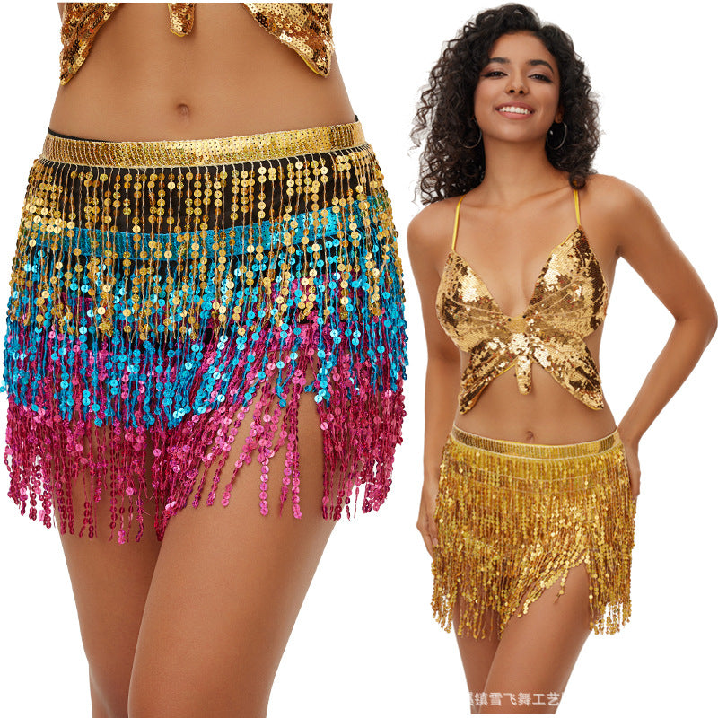 Halloween New Belly Dance Beads Waist Chain 4 Layer Beads Sequins Dance Performance Hip Towel Tassel Waist Seal Belt