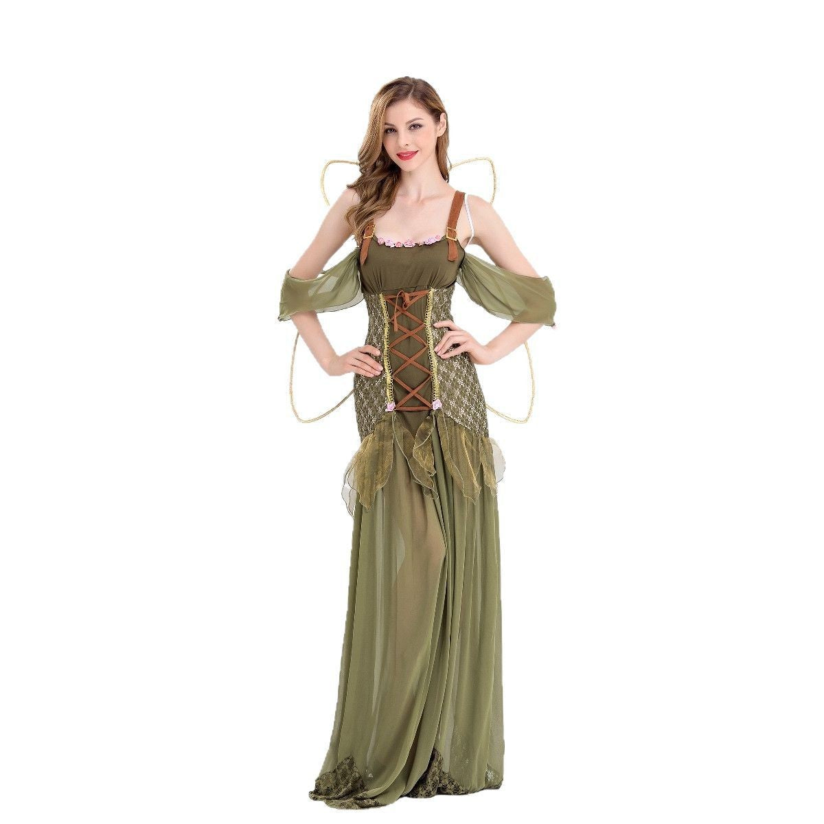 2025 Halloween New Costume Forest Green Elf Flower Fairy Princess Angel Long Dress Ds Performance Costume
