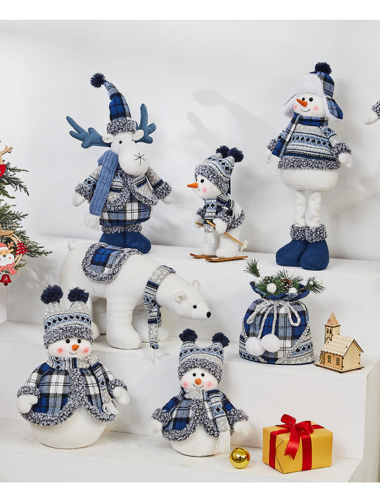 Cross Border Christmas Decorations Ski Snowman Doll Desktop Doll Blue Gauge Fabric Christmas Iron Feet Snowman Ornaments