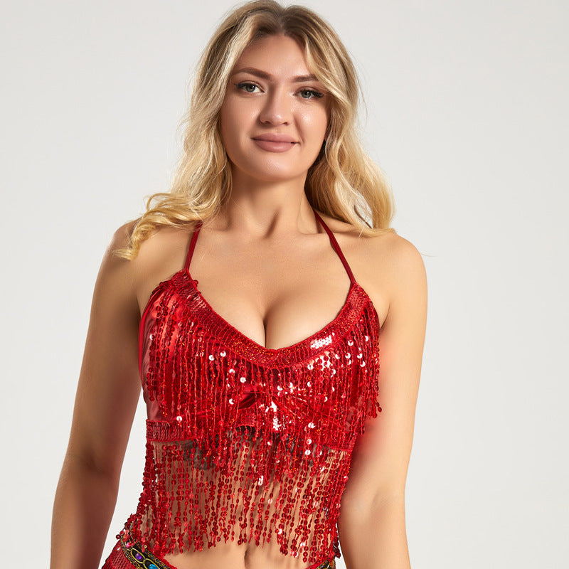 Halloween European and American sequins watch performance top belly dance tassel top DS nightclub stage sling party bra