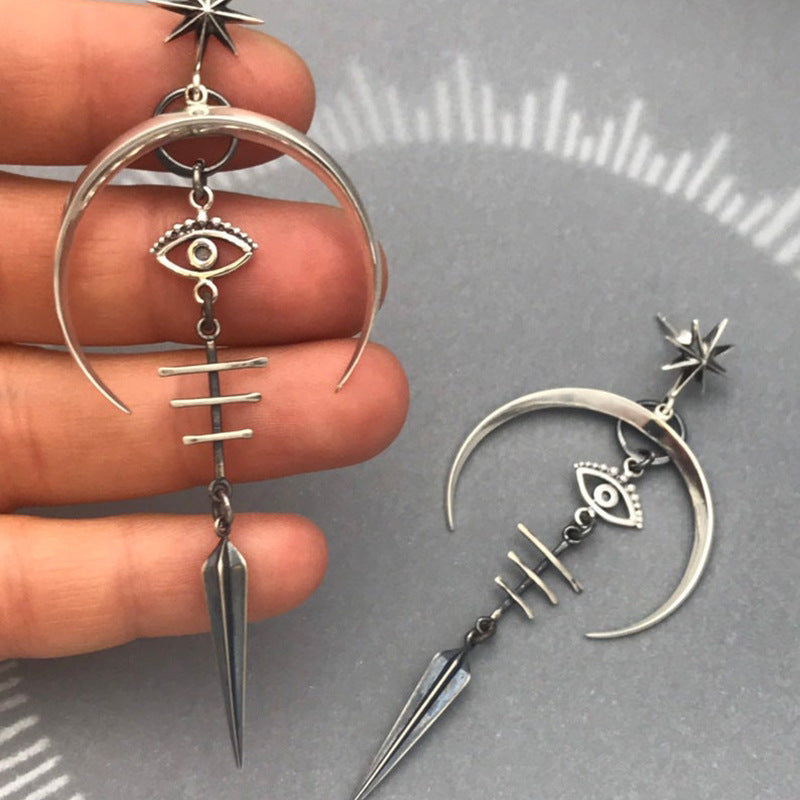 Gothic Devil's Eye Punk Earrings Halloween Accessories Ancient Silver Moon Metal Long Earrings Cross-Border