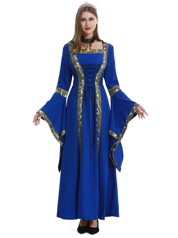 5XL Castle Queen Halloween Retro Medieval Hooded Dress Square Neck Lace-Up Swing Skirt Stage Performance