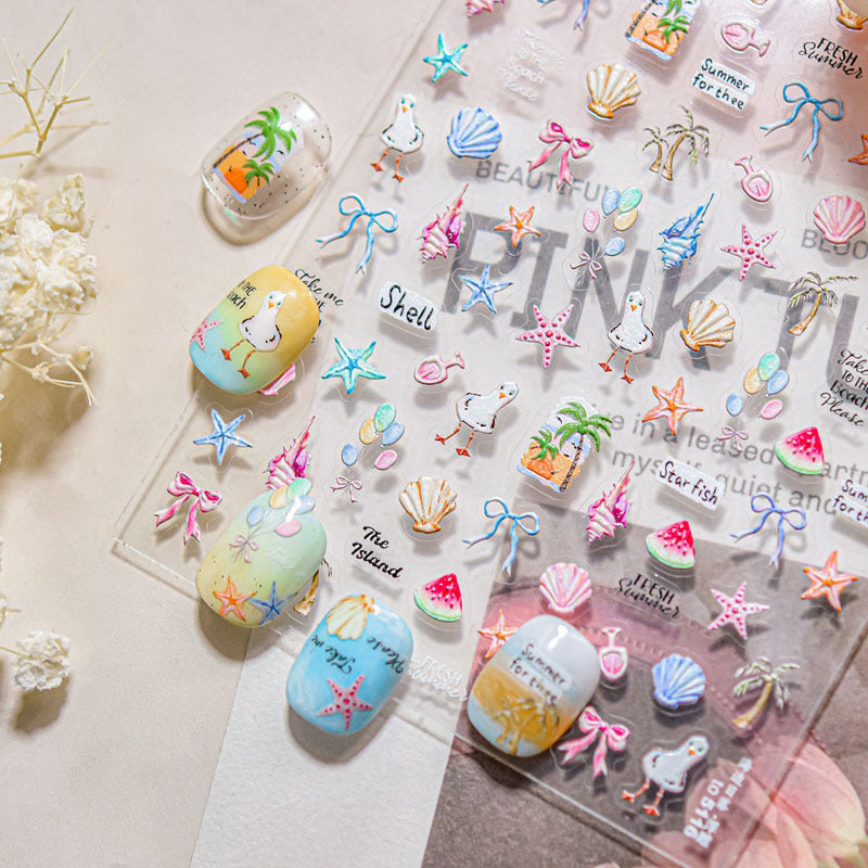 Kitten's Summer Nail Art Stickers Embossed New 3D Ins Fresh Ocean Cute Pet Nail Stickers Decoration