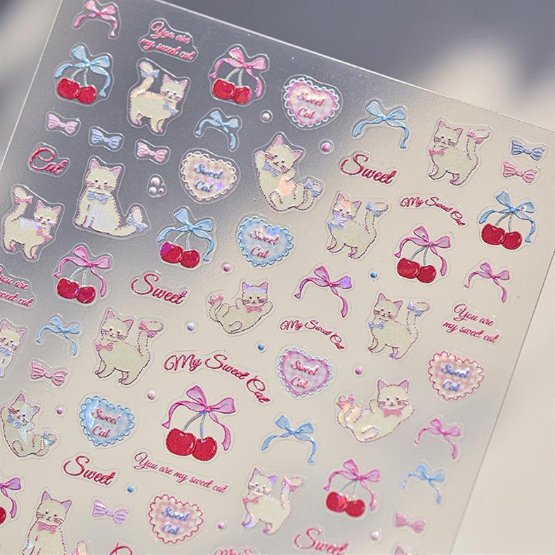 Cherry Kitten Nail Art Stickers New Embossed 5D Stereo Cute Bow Cute Pet Nail Sticker Decoration