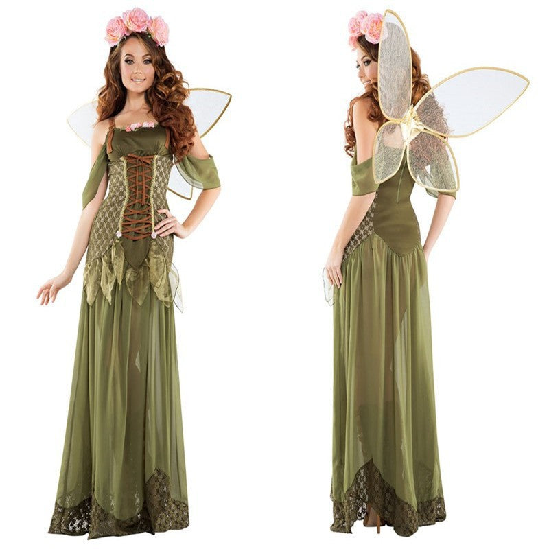 2025 Halloween New Costume Forest Green Elf Flower Fairy Princess Angel Long Dress Ds Performance Costume