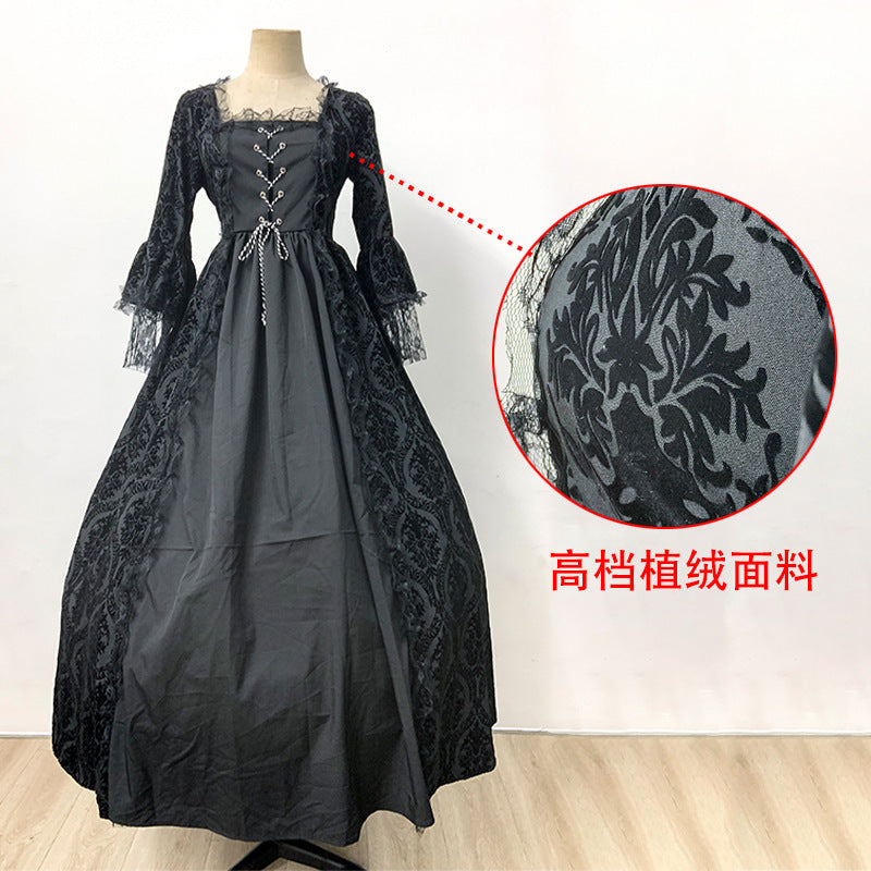 Cross-border foreign trade Halloween Victorian court dress women's long dress lace stitching bell sleeve dress women
