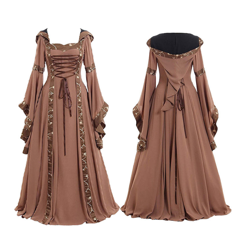 Large Size Halloween European and American Popular Women's Medieval Vintage Hooded Dress Square Collar Trumpet Sleeve Large Dress