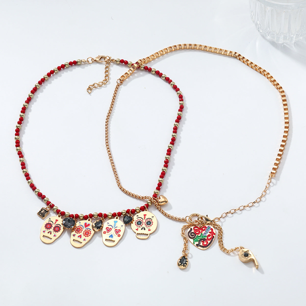 Za European and American Retro Halloween Metal Skull Heart Whistle Two-Piece Necklace Hand-Woven Cross-Border Supply