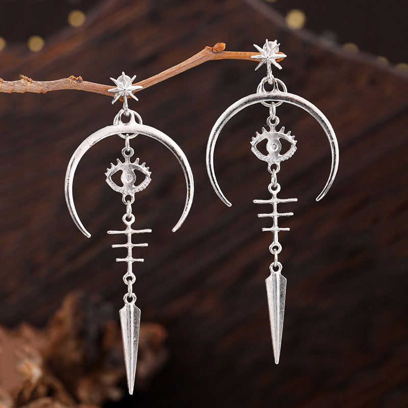 Gothic Devil's Eye Punk Earrings Halloween Accessories Ancient Silver Moon Metal Long Earrings Cross-Border