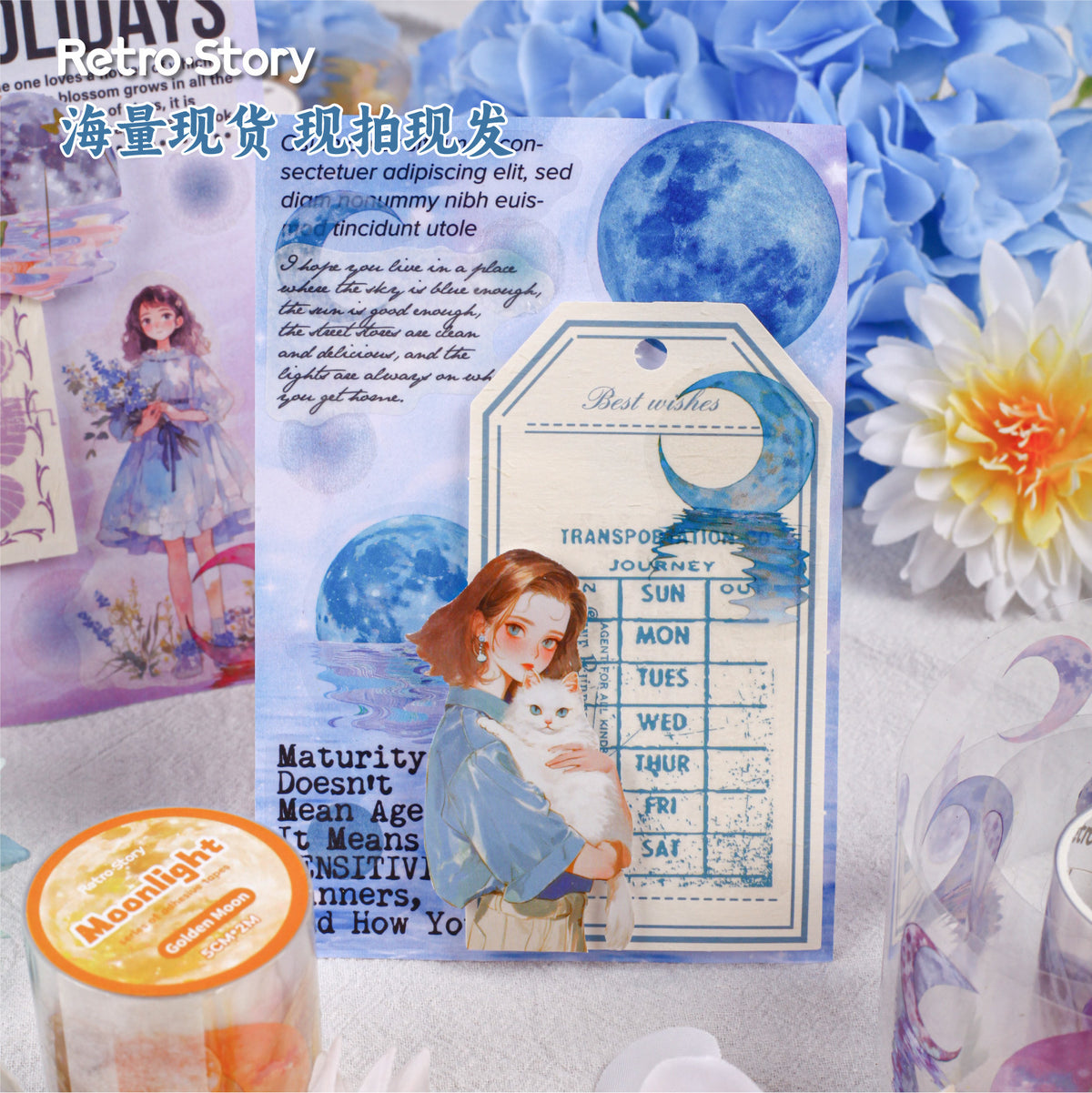 Retrostory Moonlight Series Die-Cut Tape Roll Handbook Stickers 6 Types of Transparent Pet Material Creative Decorative Stickers