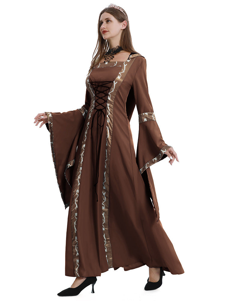 5XL Castle Queen Halloween Retro Medieval Hooded Dress Square Neck Lace-Up Swing Skirt Stage Performance