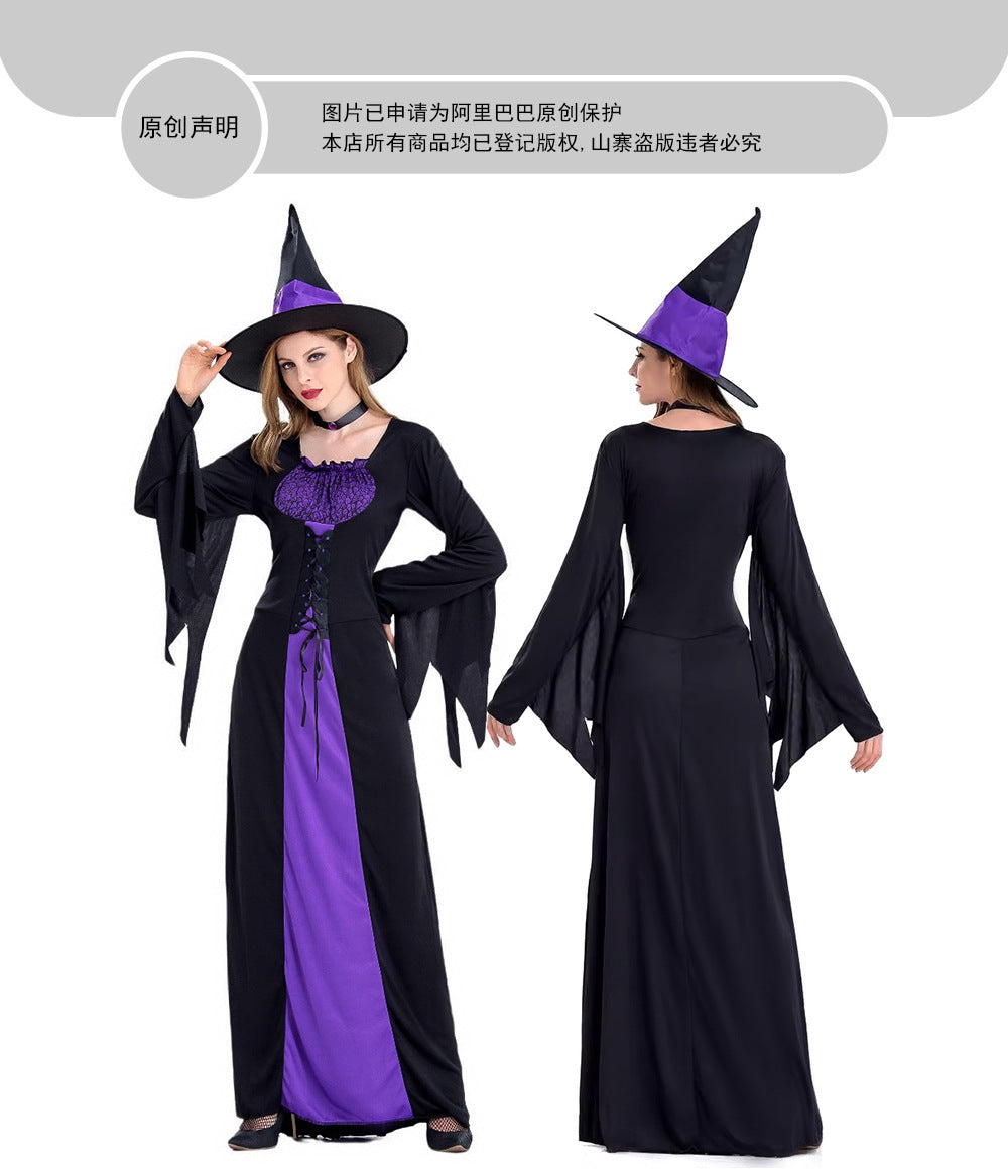 Amazon Cross-Border Halloween Purple Witch Costume Magician Long Skirt Wizard Cosplay Stage Performance Costume