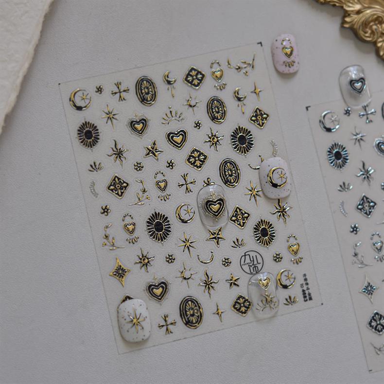 Metal Star and Moon Nail Art Stickers Embossed New 3D Stereo Popular Ins Gold and Silver Punk Nail Sticker Decorations