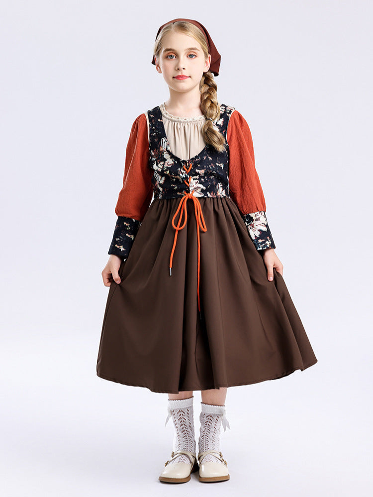 Foreign Trade Supply Medieval Pastoral Style Farm Girl Dress Retro Oil Painting Style Halloween Children's Clothing