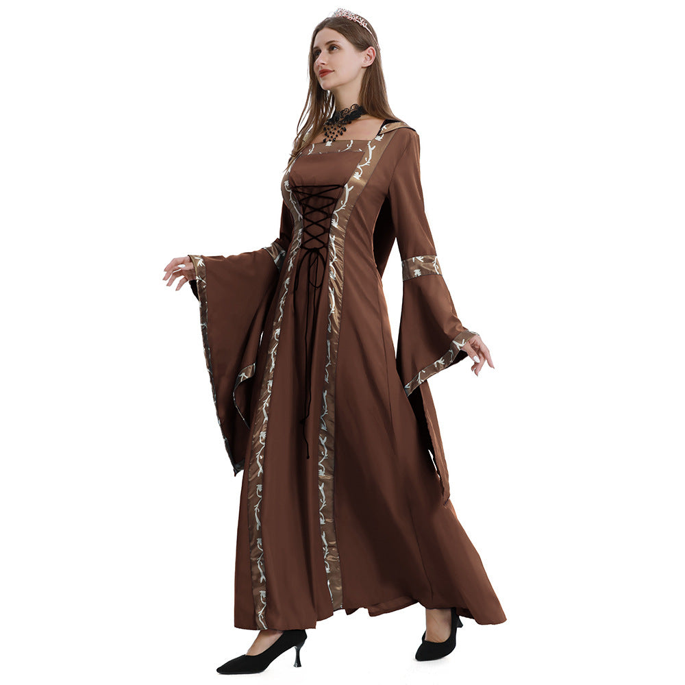 European and American Halloween Retro Medieval Hooded Dress Square Collar Lace-up Trumpet Sleeve Large Dress Stage Performance Dress