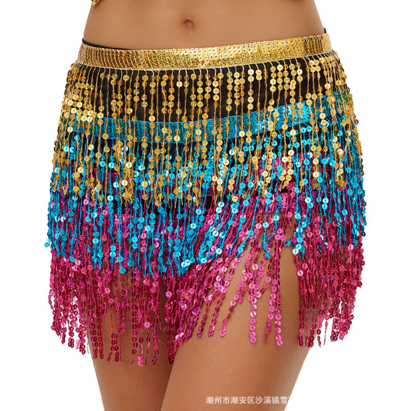 Halloween New Belly Dance Beads Waist Chain 4 Layer Beads Sequins Dance Performance Hip Towel Tassel Waist Seal Belt