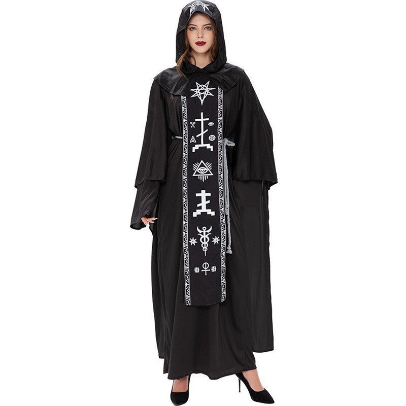 Halloween Evil Vampire Male and Female Wizard Black Robe Mage Dark Hell Devil Couple Costume