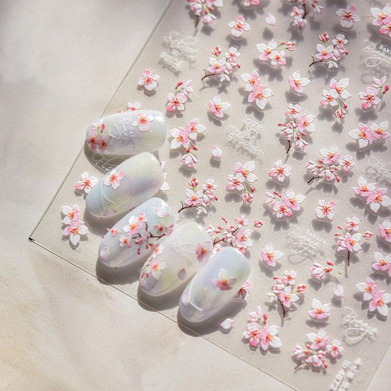 Spring Cherry Blossom Nail Stickers New Embossed 5D Three-Dimensional Japanese Style Internet Celebrity Ins Flower Nail Sticker Decorations