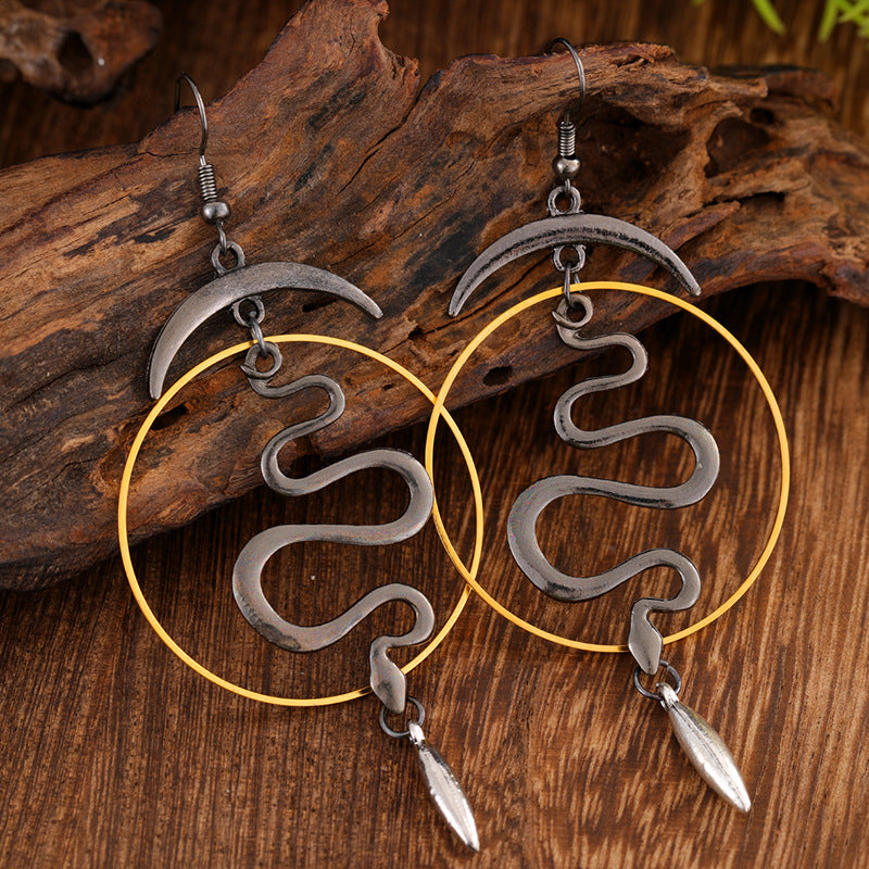 Gothic Devil's Eye Punk Earrings Halloween Accessories Ancient Silver Moon Metal Long Earrings Cross-Border