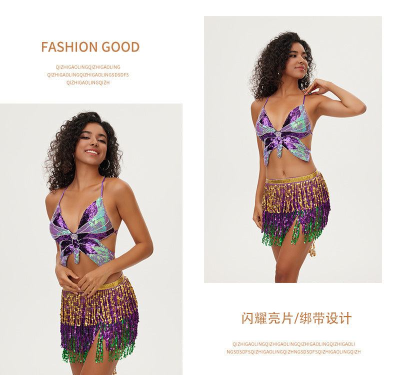 Halloween New Belly Dance Beads Waist Chain 4 Layer Beads Sequins Dance Performance Hip Towel Tassel Waist Seal Belt