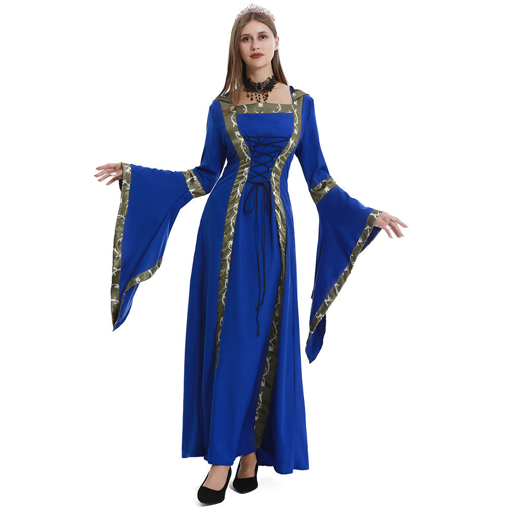 5XL Castle Queen Halloween Retro Medieval Hooded Dress Square Neck Lace-Up Swing Skirt Stage Performance