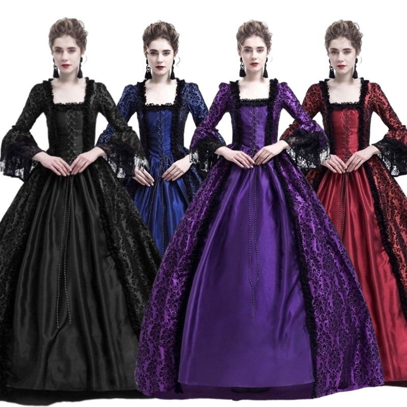 Cross-border foreign trade Halloween Victorian court dress women's long dress lace stitching bell sleeve dress women
