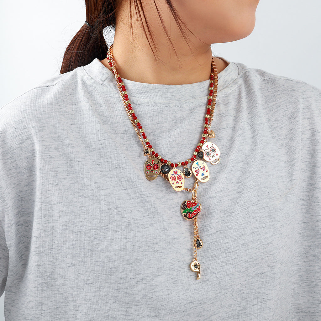 Za European and American Retro Halloween Metal Skull Heart Whistle Two-Piece Necklace Hand-Woven Cross-Border Supply