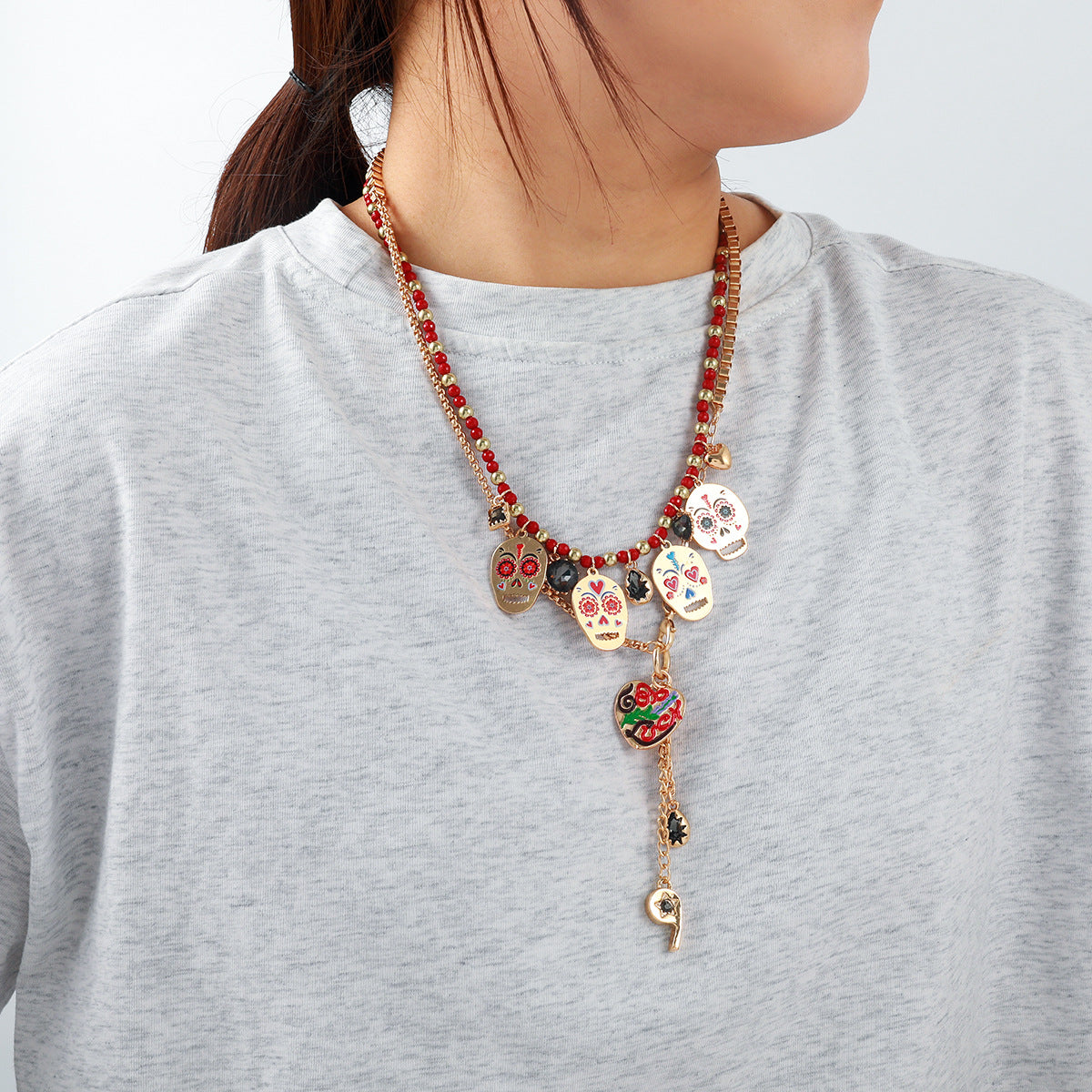 Za European and American Retro Halloween Metal Skull Heart Whistle Two-Piece Necklace Hand-Woven Cross-Border Supply